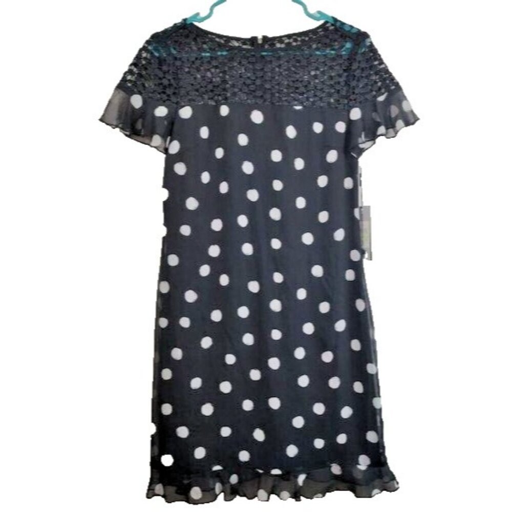 Karl Lagerfeld Womens Sheath Dress Size 4 Black White Polka Dot Lace Yoke Ruffle